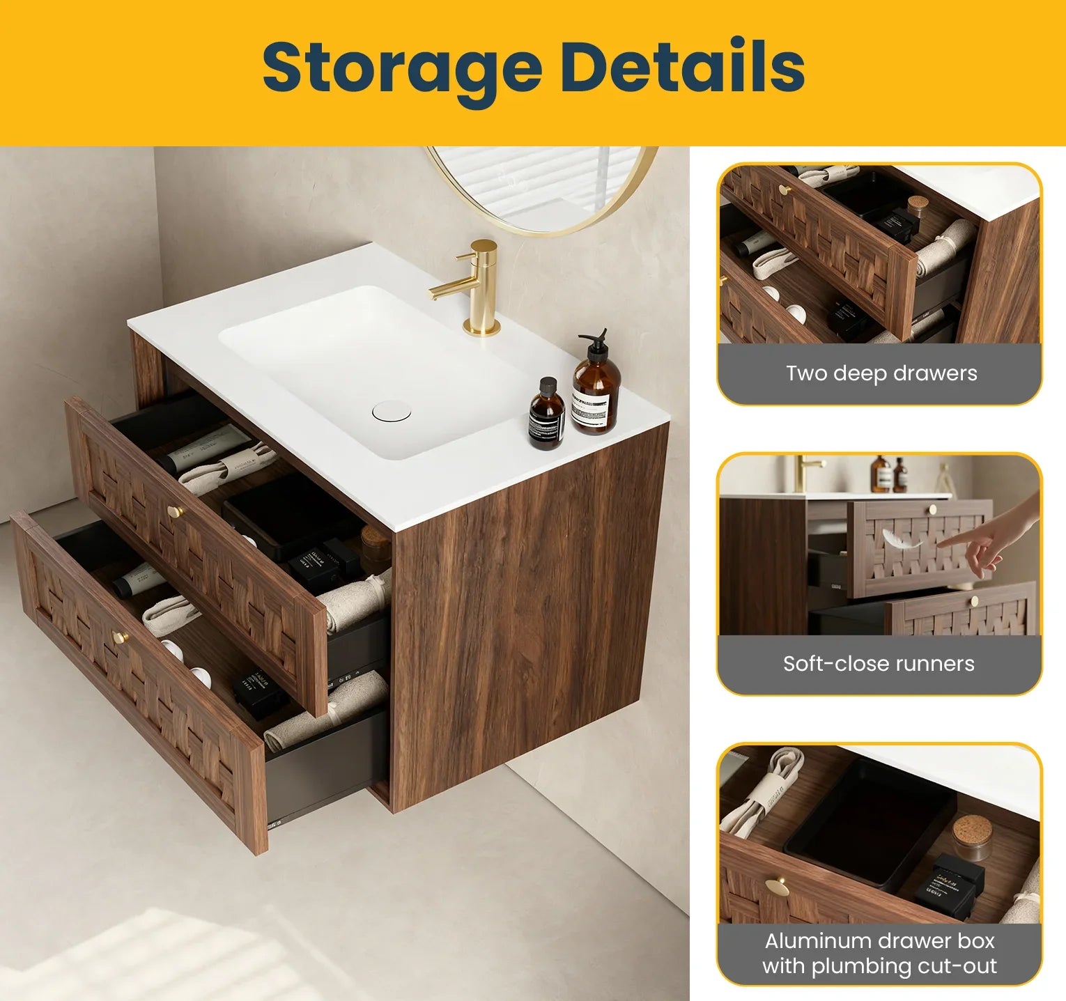 Meuble-lavabo mural 30po en noyer naturel avec comptoir en surface solide blanc mat