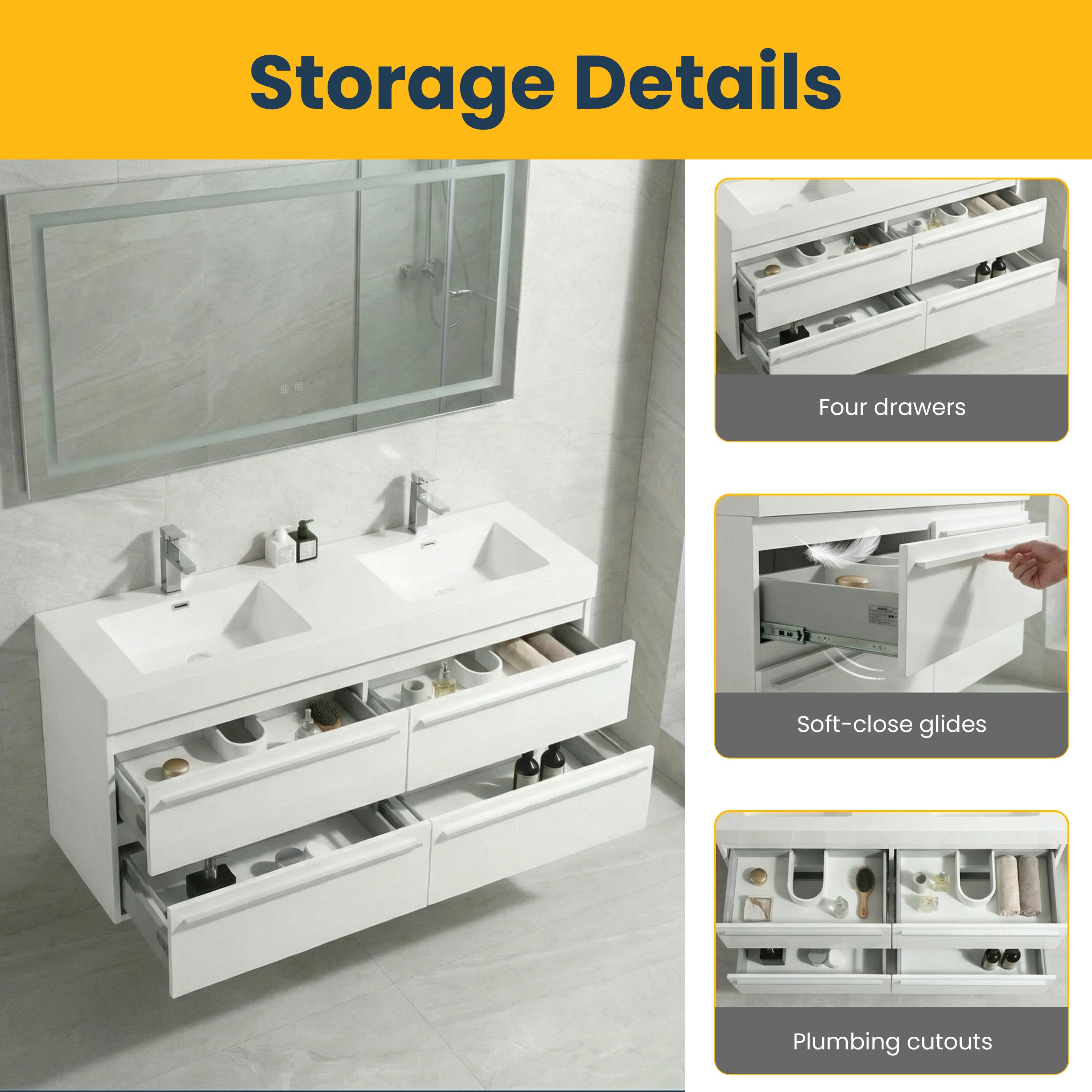 Meuble-Lavabo Mural Blanc de 60 po avec Comptoir en Polymarbre Blanc