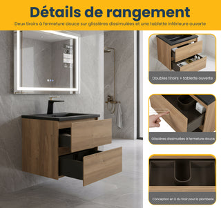 Meuble-Lavabo Mural 24po Chêne Brut avec Comptoir de Quartz d'ingénierie Noir