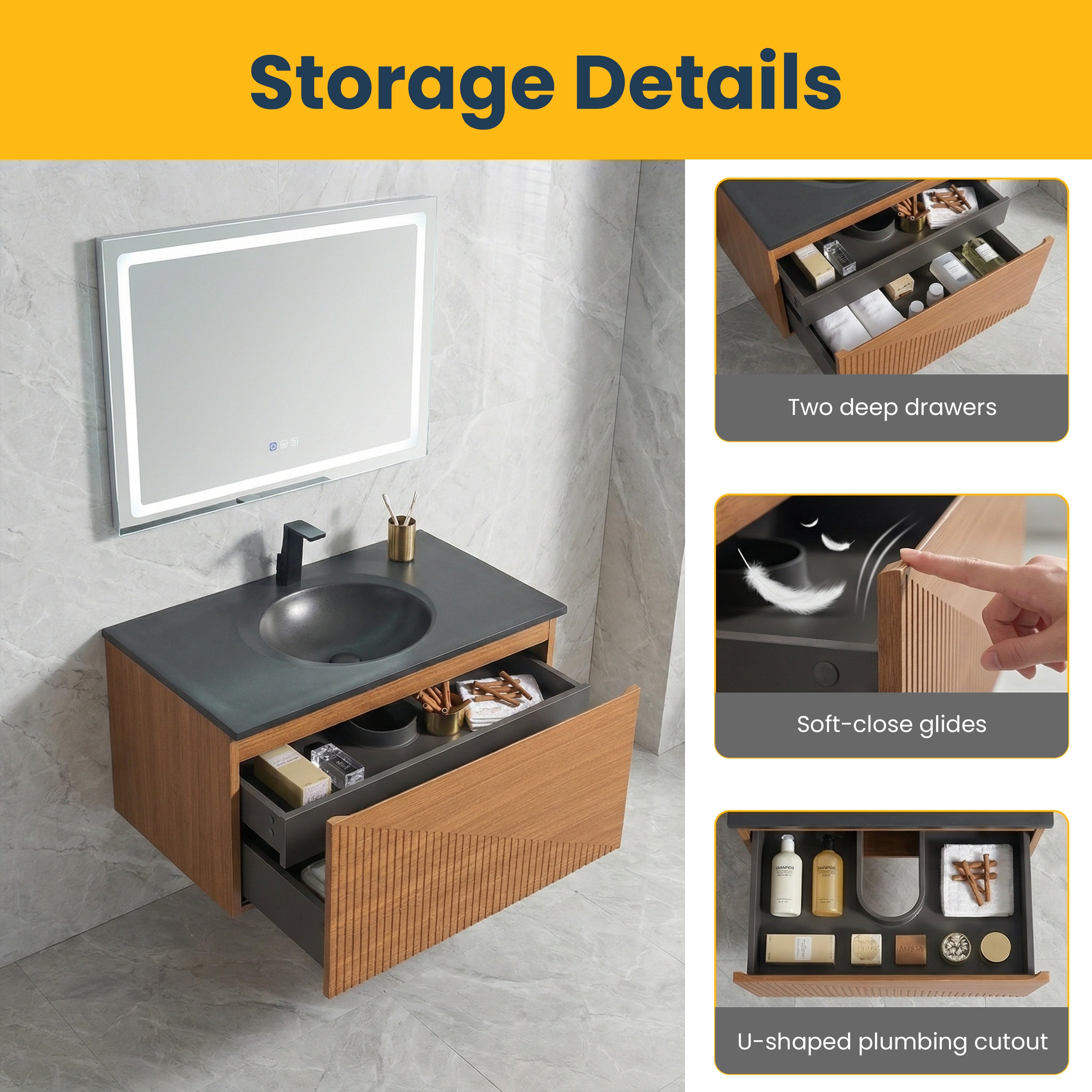30" Light Oak Wall Mount Bathroom Vanity with Black Engineered Quartz Countertop