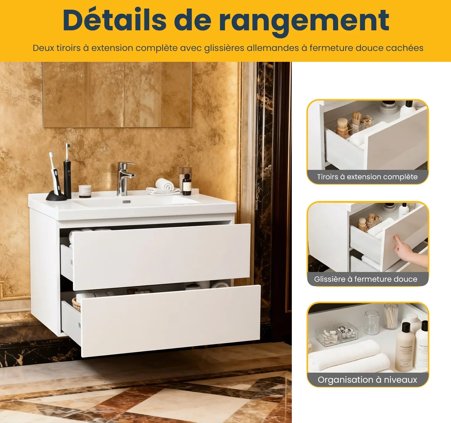 Meuble-Lavabo Mural 30po Blanc Brillant avec Comptoir de Polymarbre Blanc 