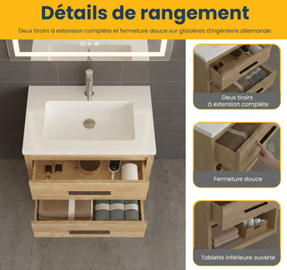 Meuble-lavabo autoportant en chêne brut de 30" avec Comptoir en polymarbre blanc