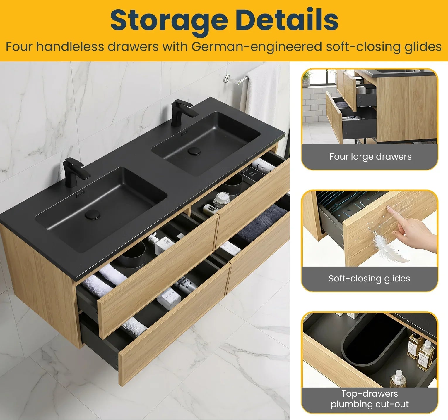 60" Sunset Walnut Wall Mount Double Sink Bathroom Vanity with Black Engineered Quartz Countertop