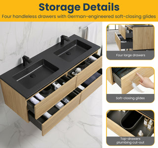 Meuble-Lavabo Mural 60po Noyer Couchant avec Comptoir de Quartz d'ingénierie Noir