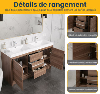 60" Walnut Freestanding Double Sink Bathroom Vanity with White Polymarble Countertop