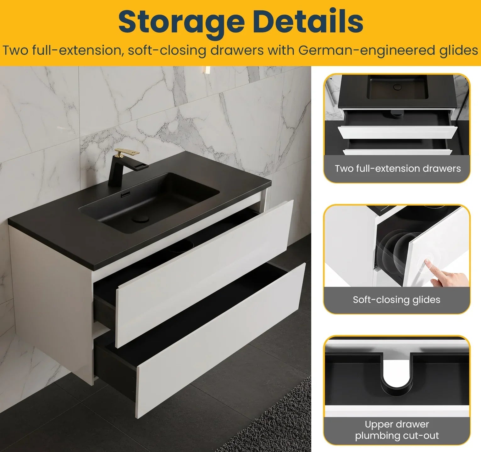 48" White Wall Mount Single Sink Bathroom Vanity with Black Engineered Quartz Countertop