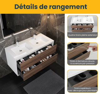 Meuble-Lavabo Mural 48po Noyer avec Comptoir de Polymarbre Blanc