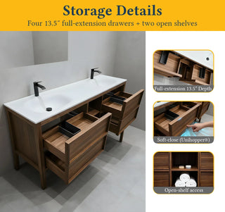 72" Natural Walnut Freestanding Double Sink Bathroom Vanity with White Solid Surface Countertop
