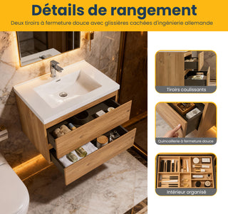 Meuble-lavabo mural de salle de bain en chêne brut 30" avec Comptoir en polymarbre blanc