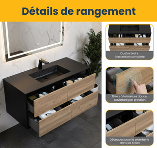 48" Black & Rough Oak Wall Mount Single Sink Bathroom Vanity with Black Engineered Quartz Countertop