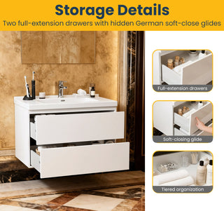 Meuble-Lavabo Mural 30po Blanc Brillant avec Comptoir de Polymarbre Blanc 