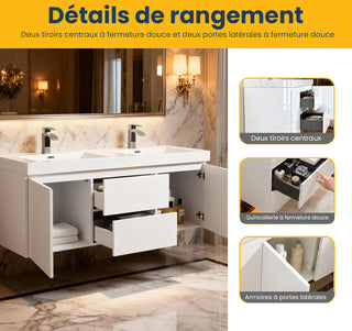 Meuble-Lavabo Mural 60po Blanc Brillant avec Comptoir de Polymarbre Blanc 