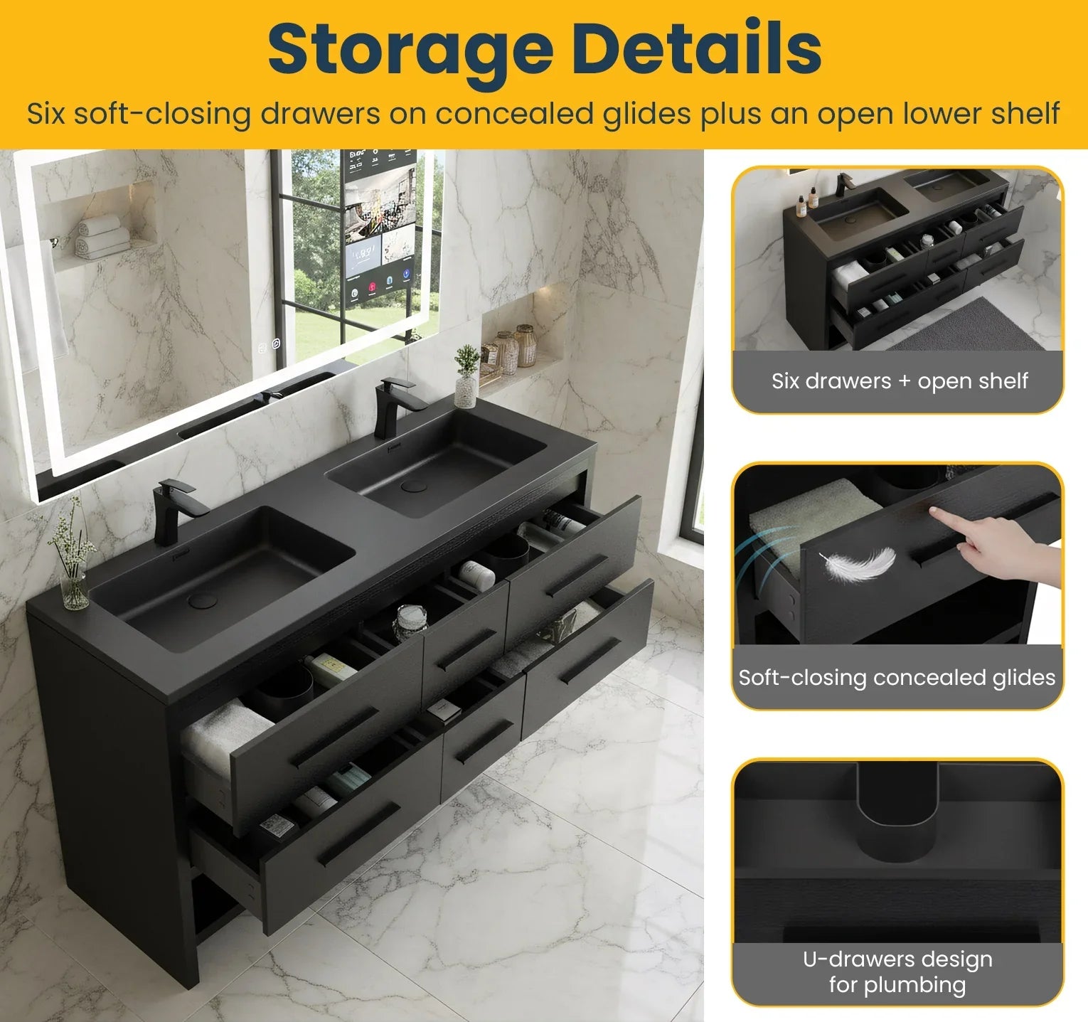 60" Black Oak Freestanding Double Sink Bathroom Vanity with Black Engineered Quartz Countertop