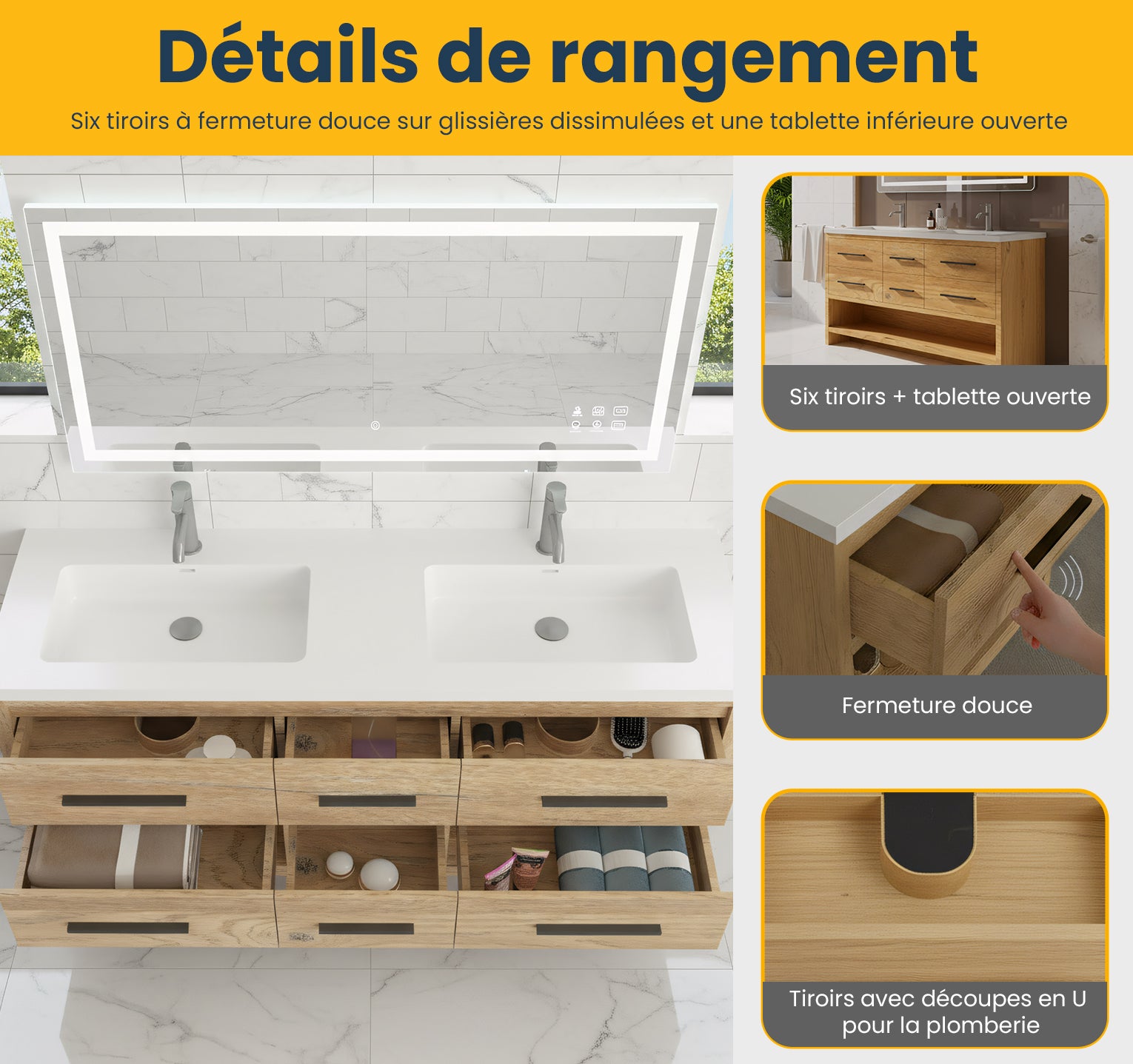 72" Rough Oak Freestanding Double Sink Bathroom Vanity with White Polymarble Countertop