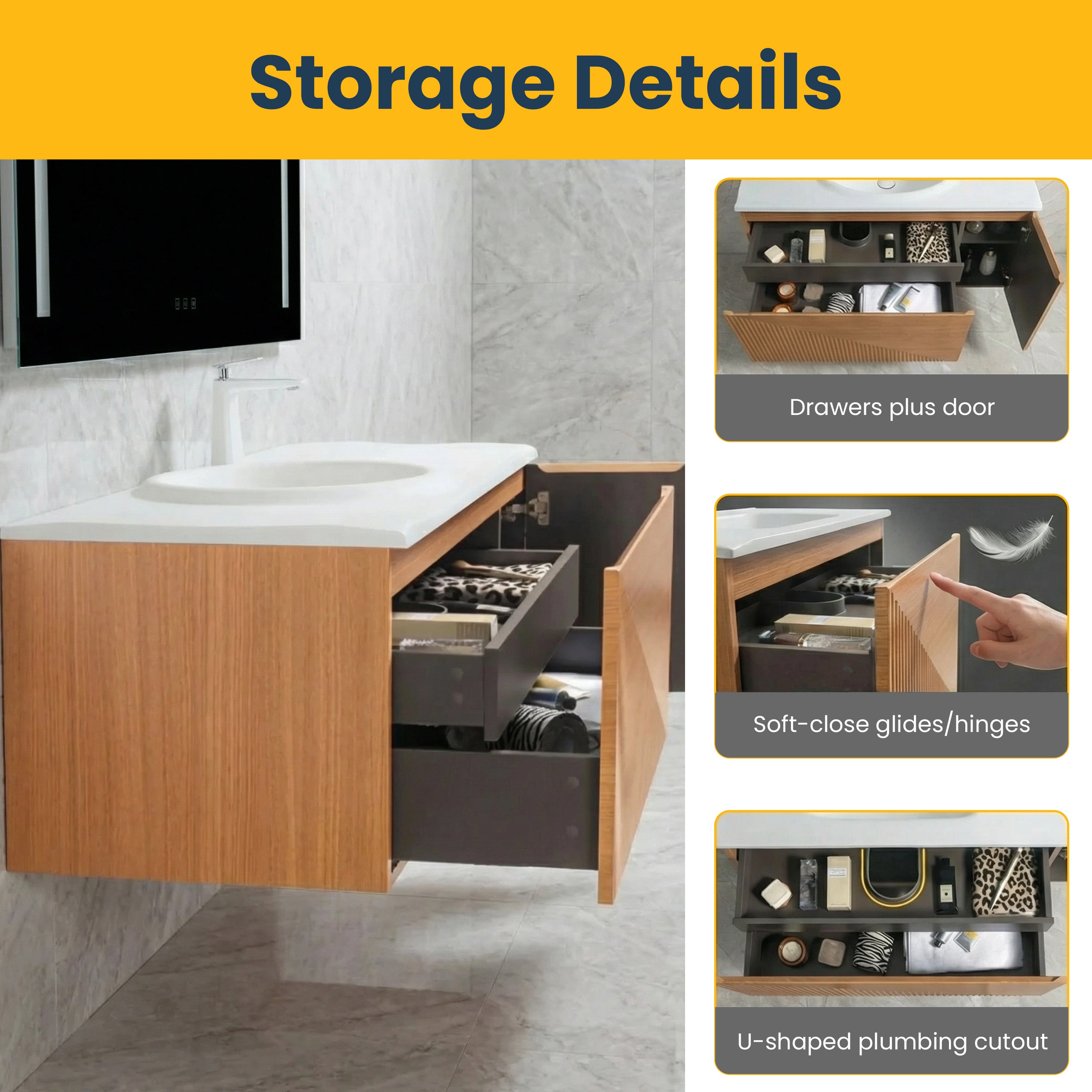 48" Light Oak Wall Mount Bathroom with White Solid Surface Countertop