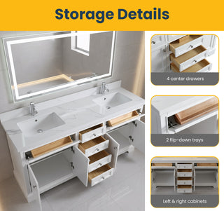 72" White Freestanding Double Sink Bathroom Vanity with Engineered Calcutta Marble Countertop