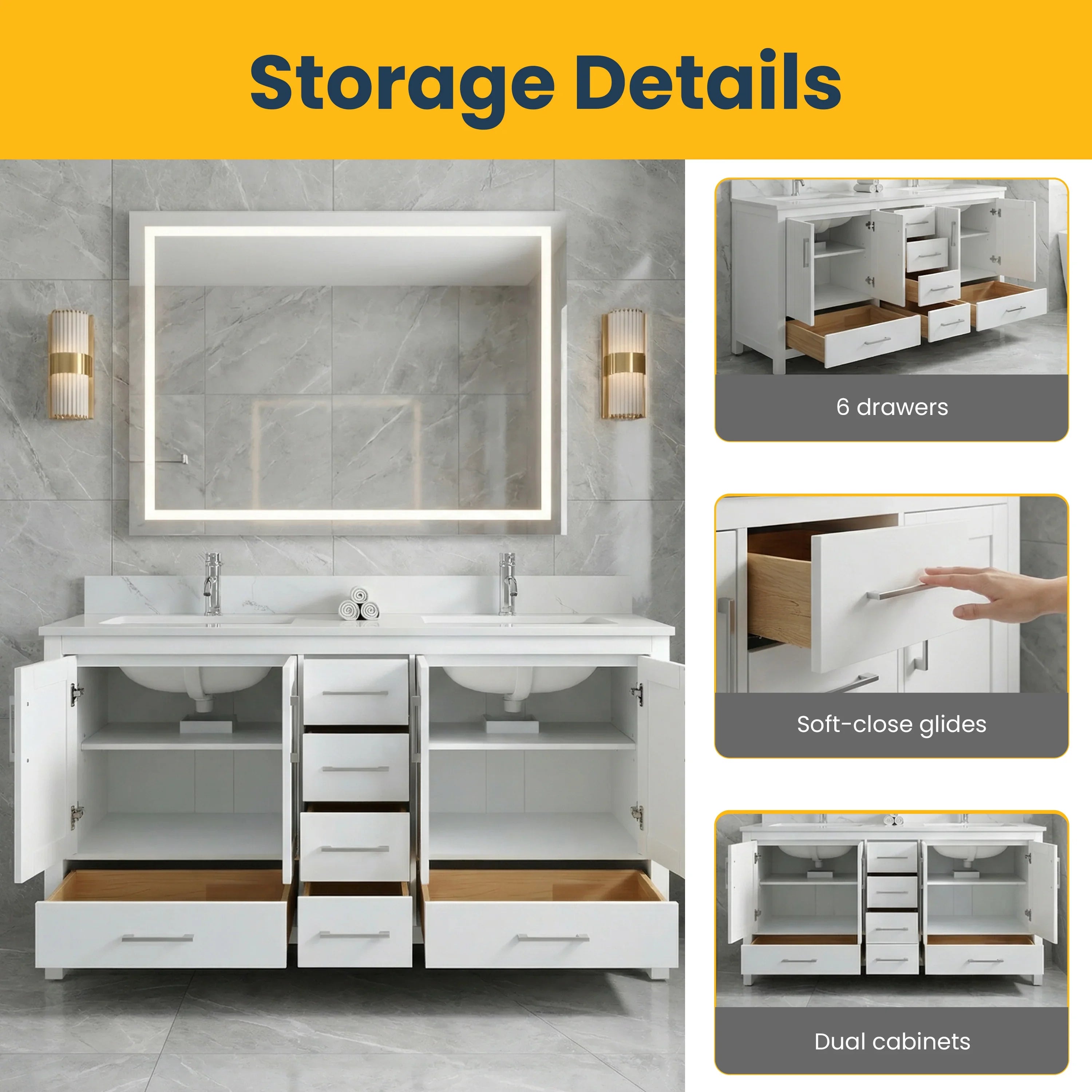 Meuble-lavabo double sur pied blanc de 72 po avec comptoir en marbre blanc reconstitué