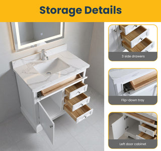 36" White Freestanding Single Sink Bathroom Vanity with Calcutta Quartz Countertop