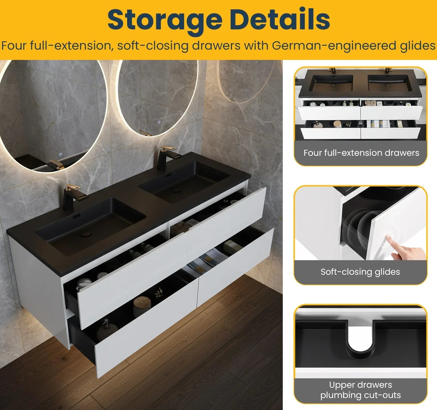 60" White Wall Mount Double Sink Bathroom Vanity with Black Engineered Quartz Countertop