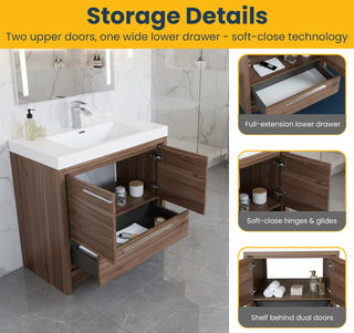 36" Walnut Freestanding Bathroom Vanity with White Polymarble Countertop