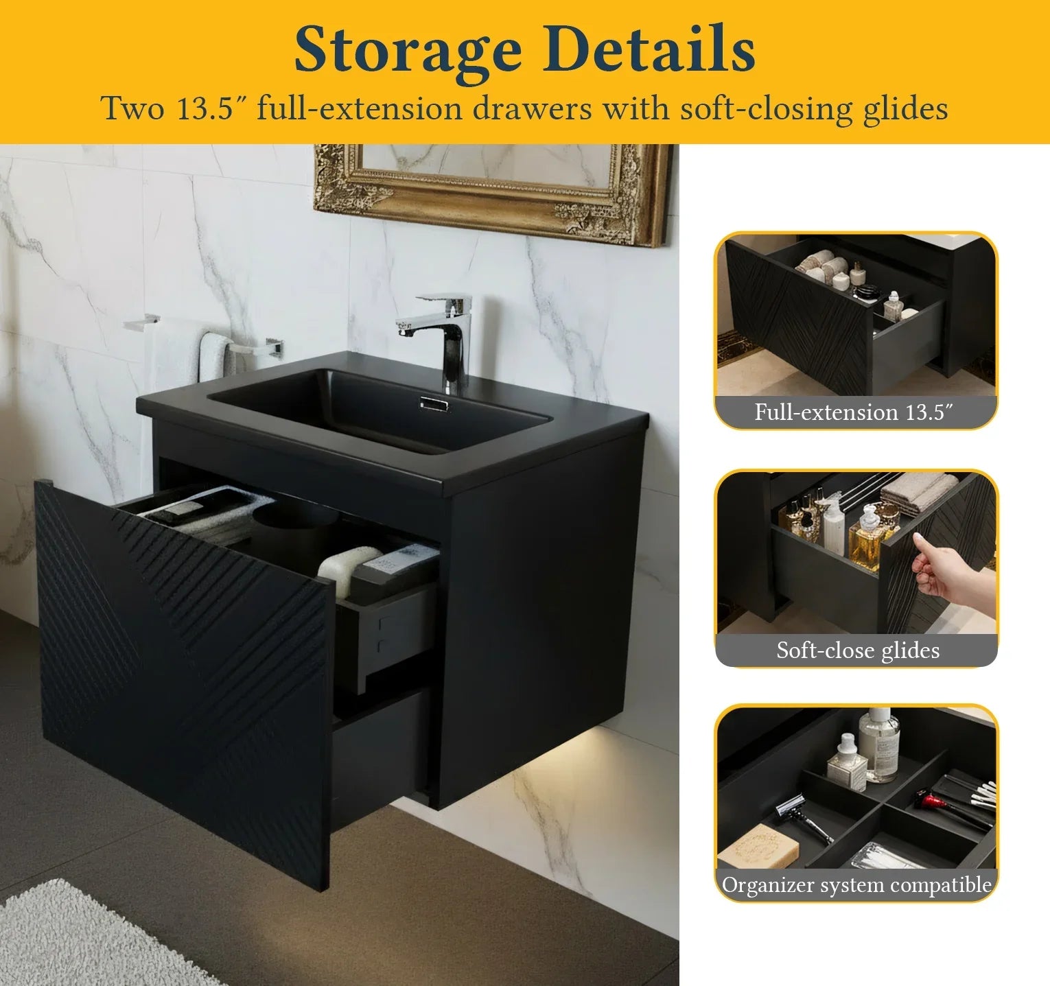 30" Black Wall Mount Bathroom Vanity with Black Engineered Quartz Countertop