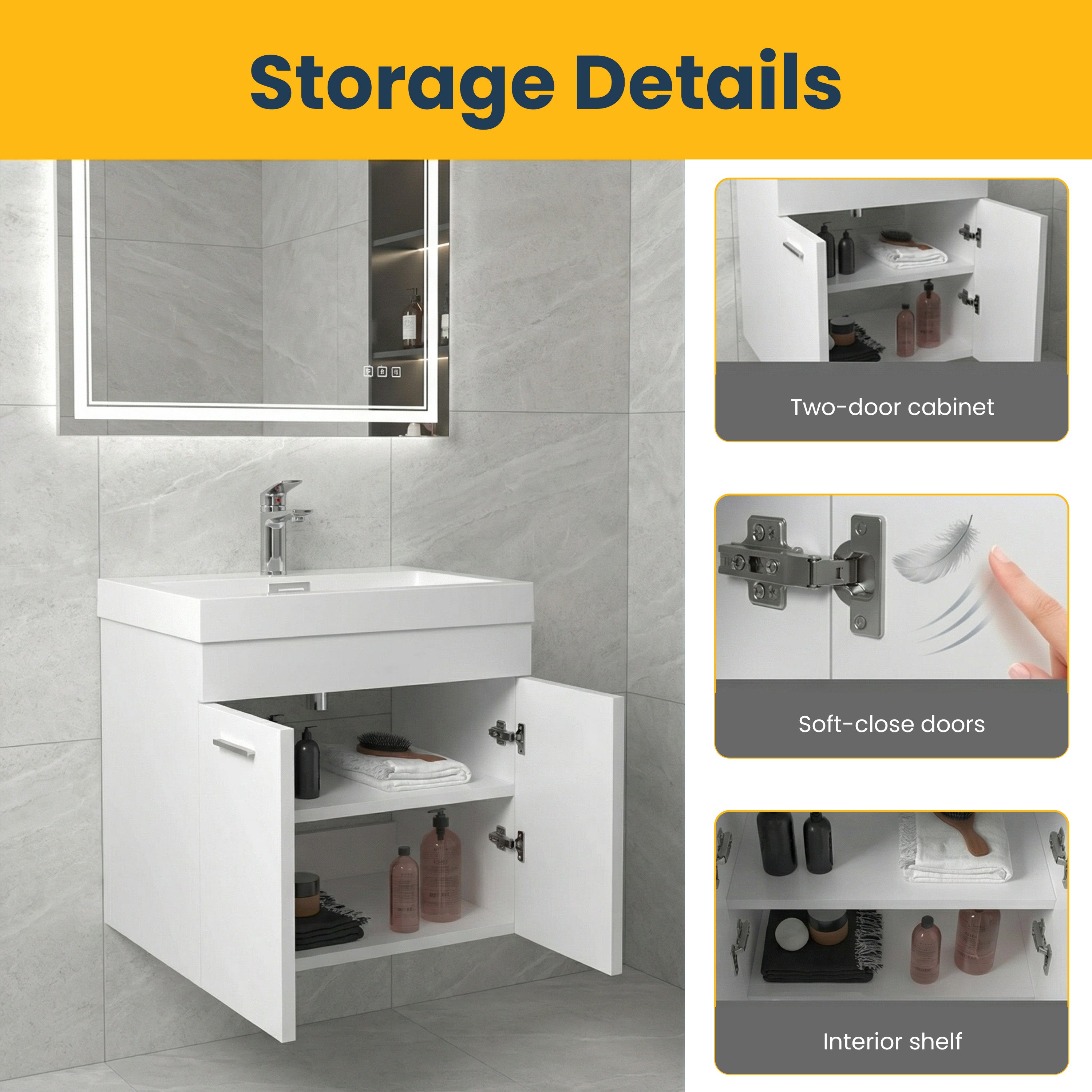 20" White Wall-Mount Single Sink Bathroom Vanity with White Polymarble Countertop