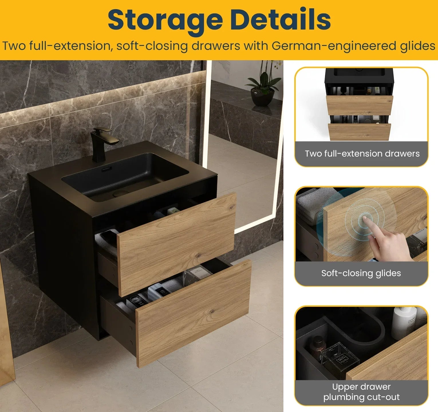 24" Black & Rough Oak Wall Mount Bathroom Vanity with Black Engineered Quartz Countertop
