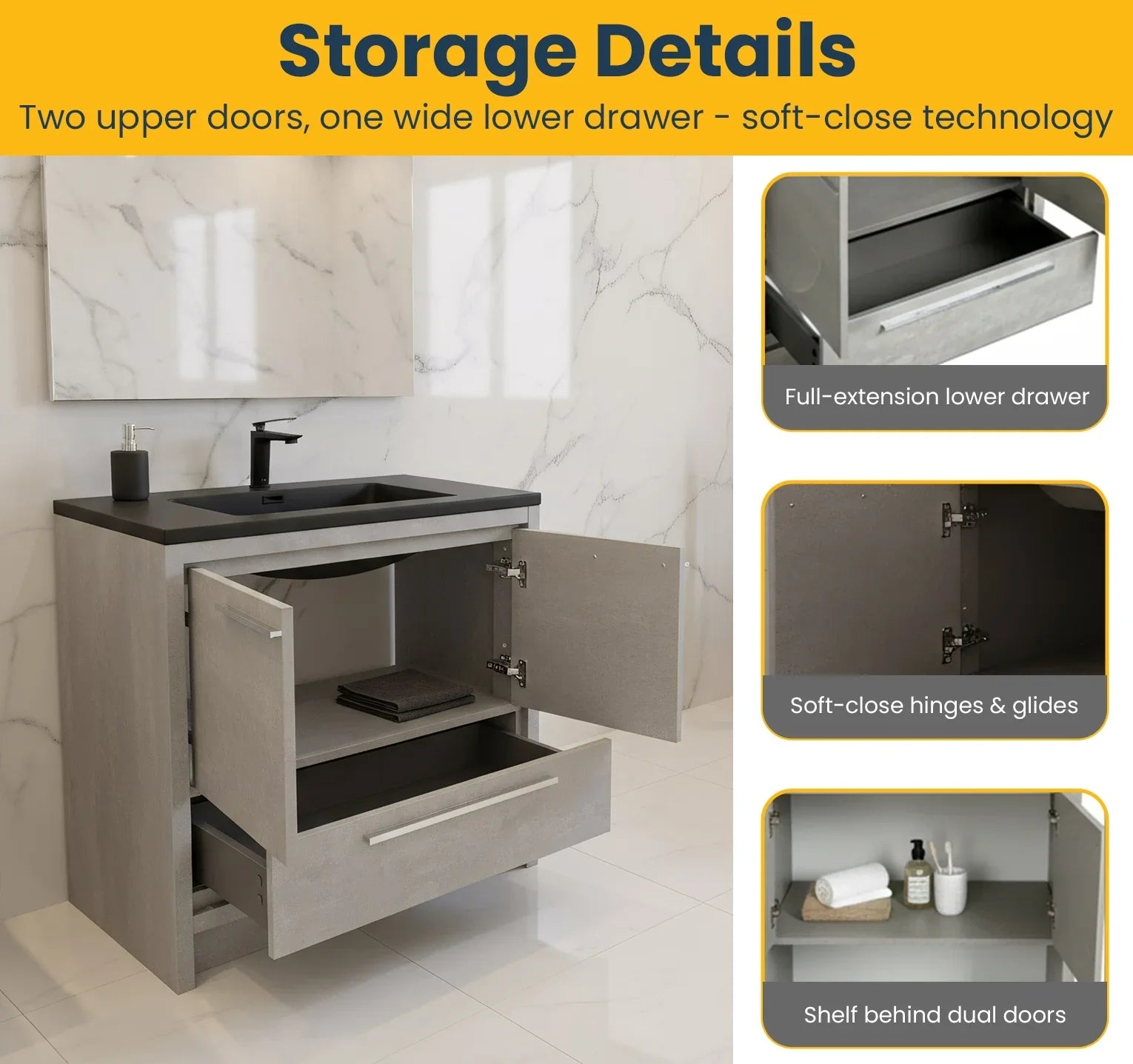 36" Cement Freestanding Bathroom Vanity with Black Quartz Engineered Countertop