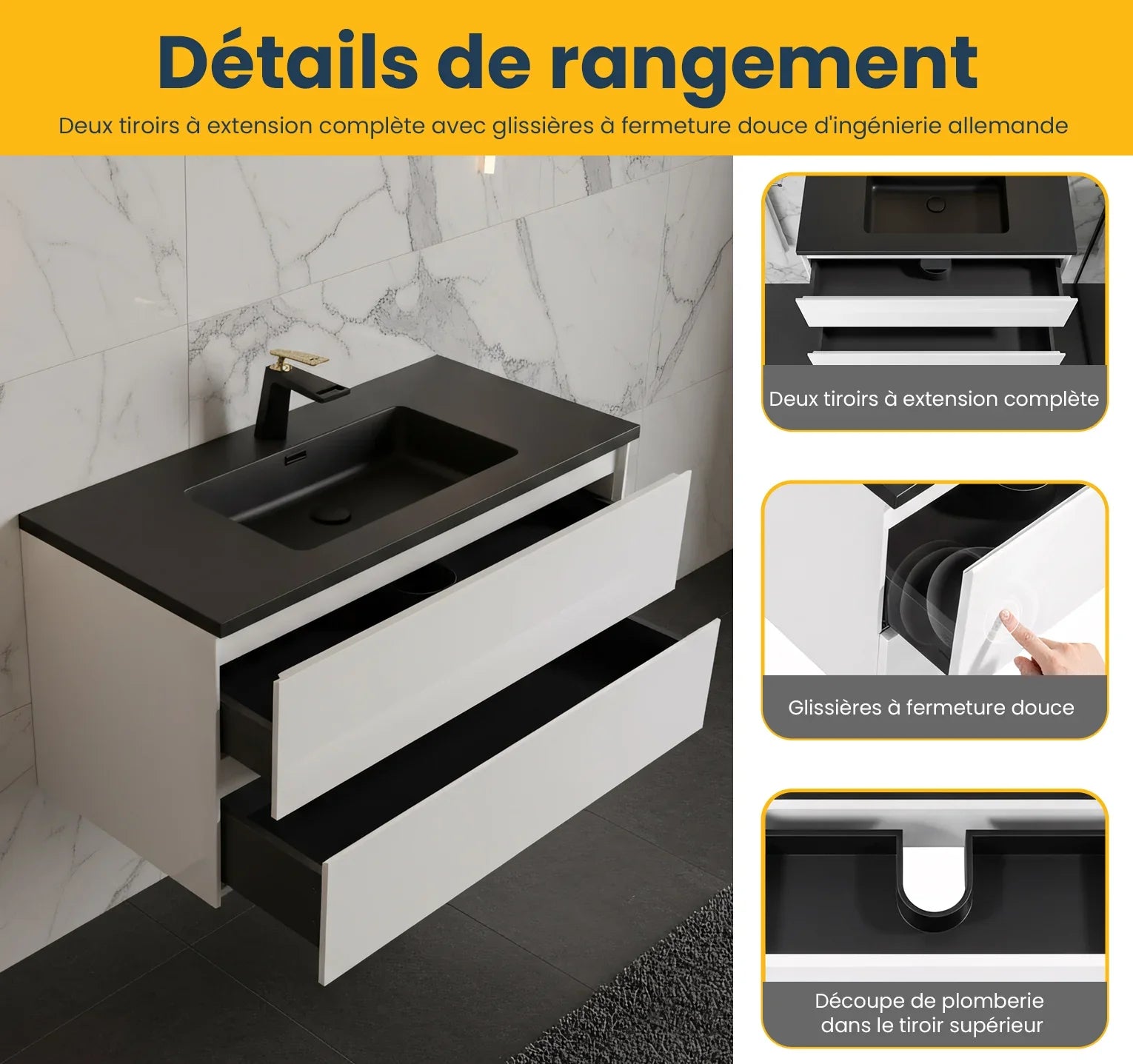 48" White Wall Mount Single Sink Bathroom Vanity with Black Engineered Quartz Countertop