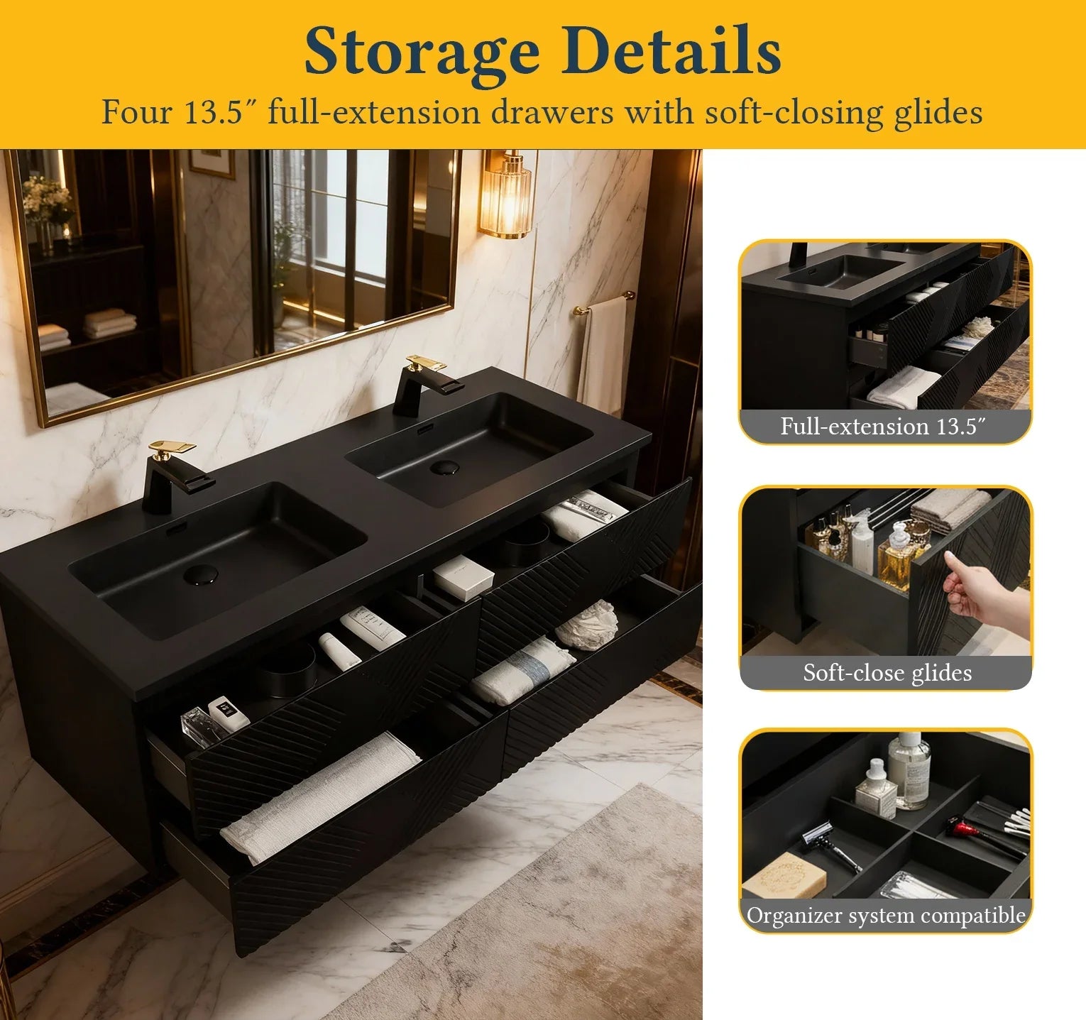 Meuble-lavabo mural noir 60" avec Comptoir en quartz technique noir