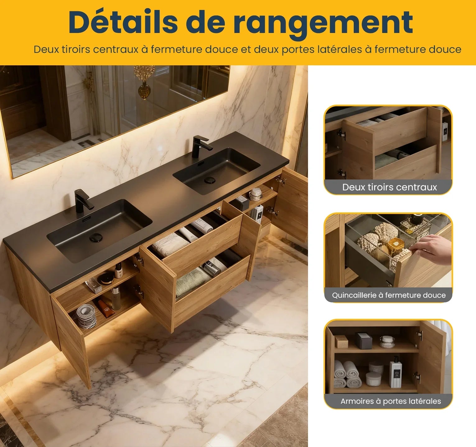 Meuble-Lavabo 72po Chêne Brut avec Comptoir de 72 Quartz Noir Lavabo Double