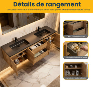 Meuble-Lavabo 72po Chêne Brut avec Comptoir de 72 Quartz Noir Lavabo Double