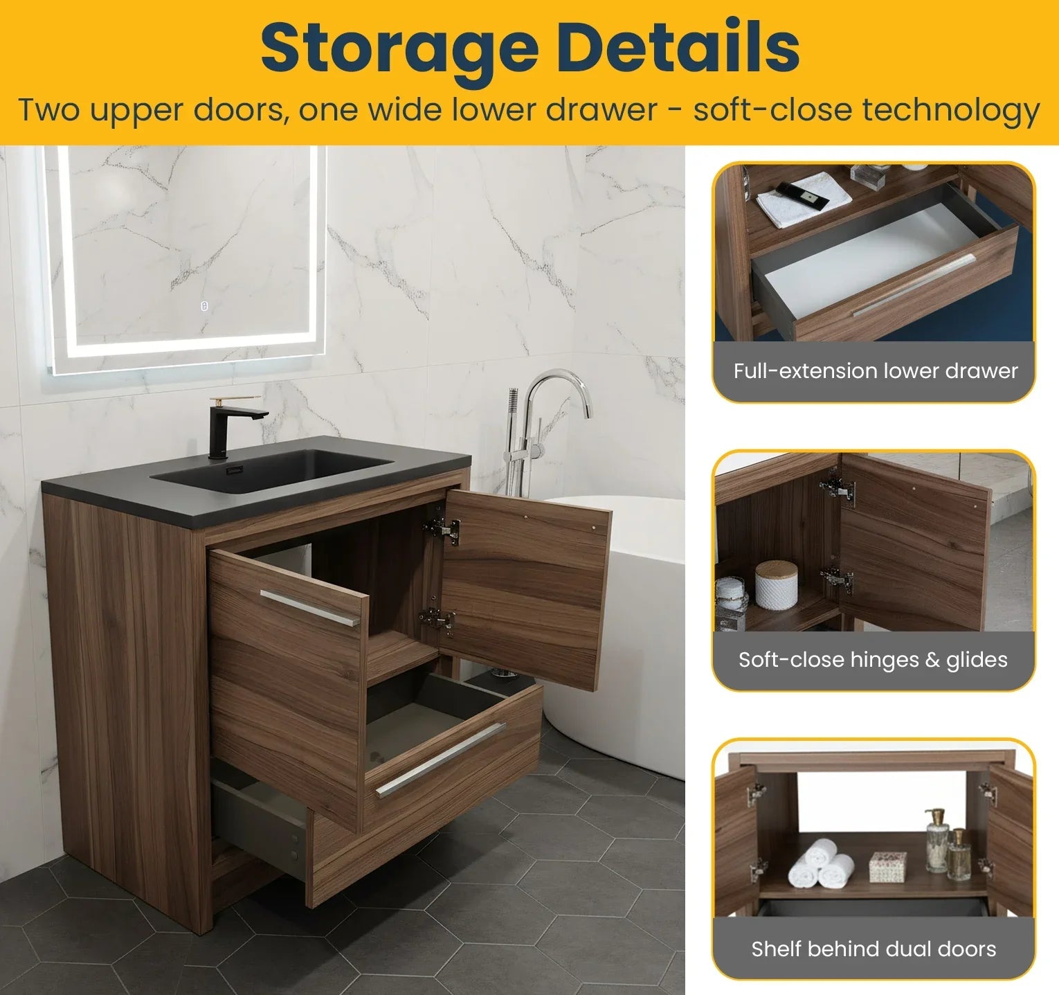 36" Walnut Freestanding Bathroom Vanity with Black Engineered Quartz Countertop