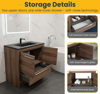 36" Walnut Freestanding Bathroom Vanity with Black Engineered Quartz Countertop