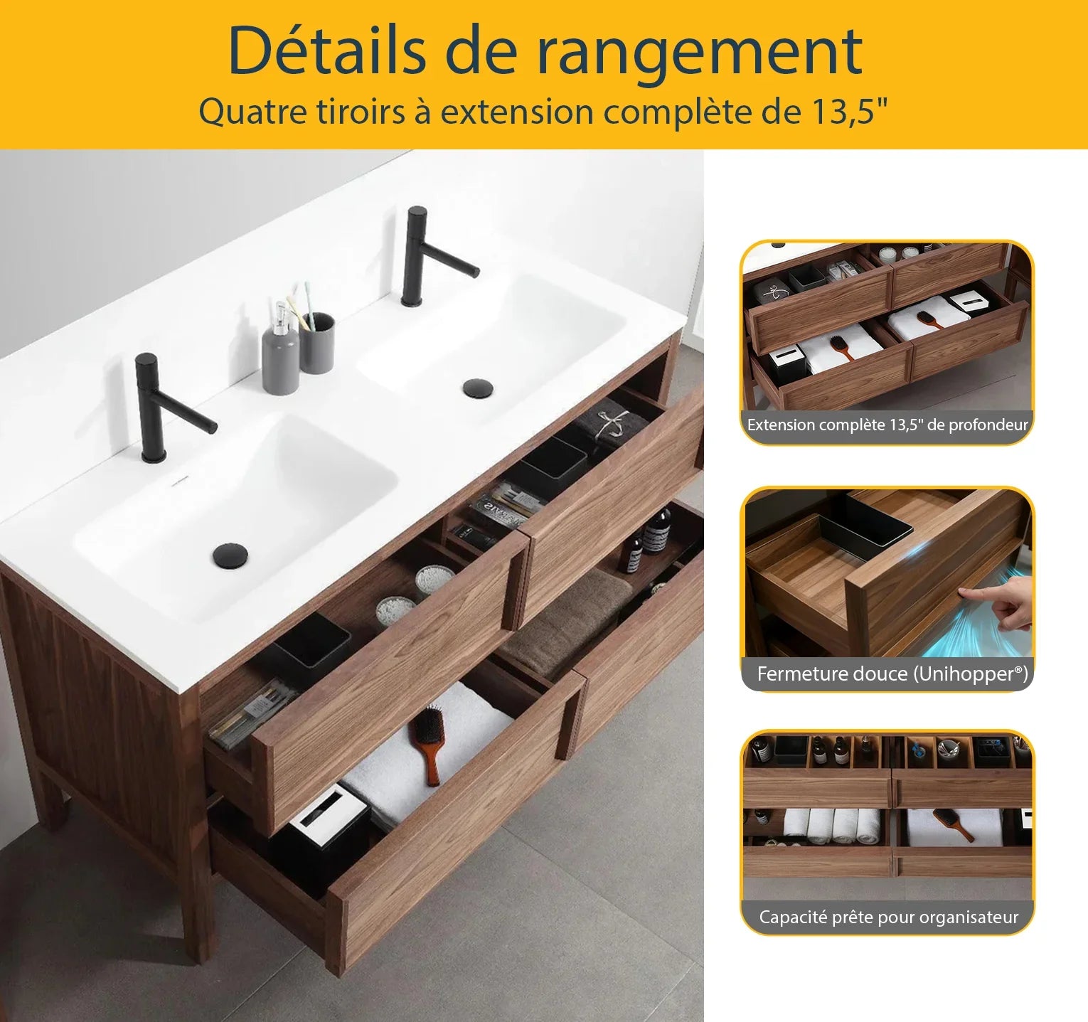 60" Natural Walnut Freestanding Double Sink Bathroom Vanity with White Solid Surface Countertop