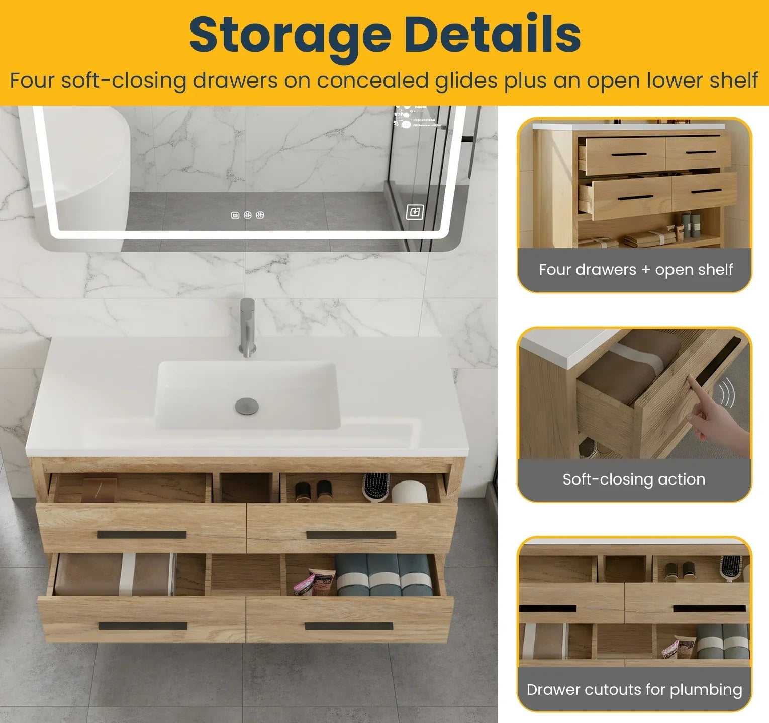 48" Rough Oak Freestanding Bathroom Vanity with White Polymarble Countertop