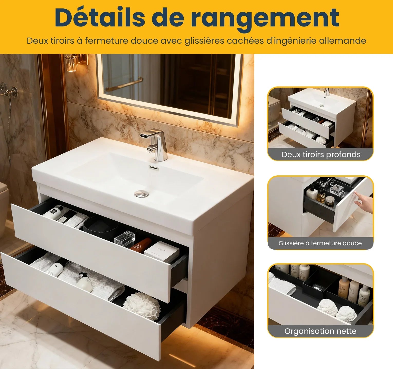 36" Glossy White Wall Mount Bathroom Vanity with White Polymarble Countertop