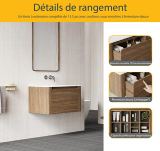 Meuble-Lavabo Mural 30po Noyer avec Comptoir en Surface Solide Mat Blanc