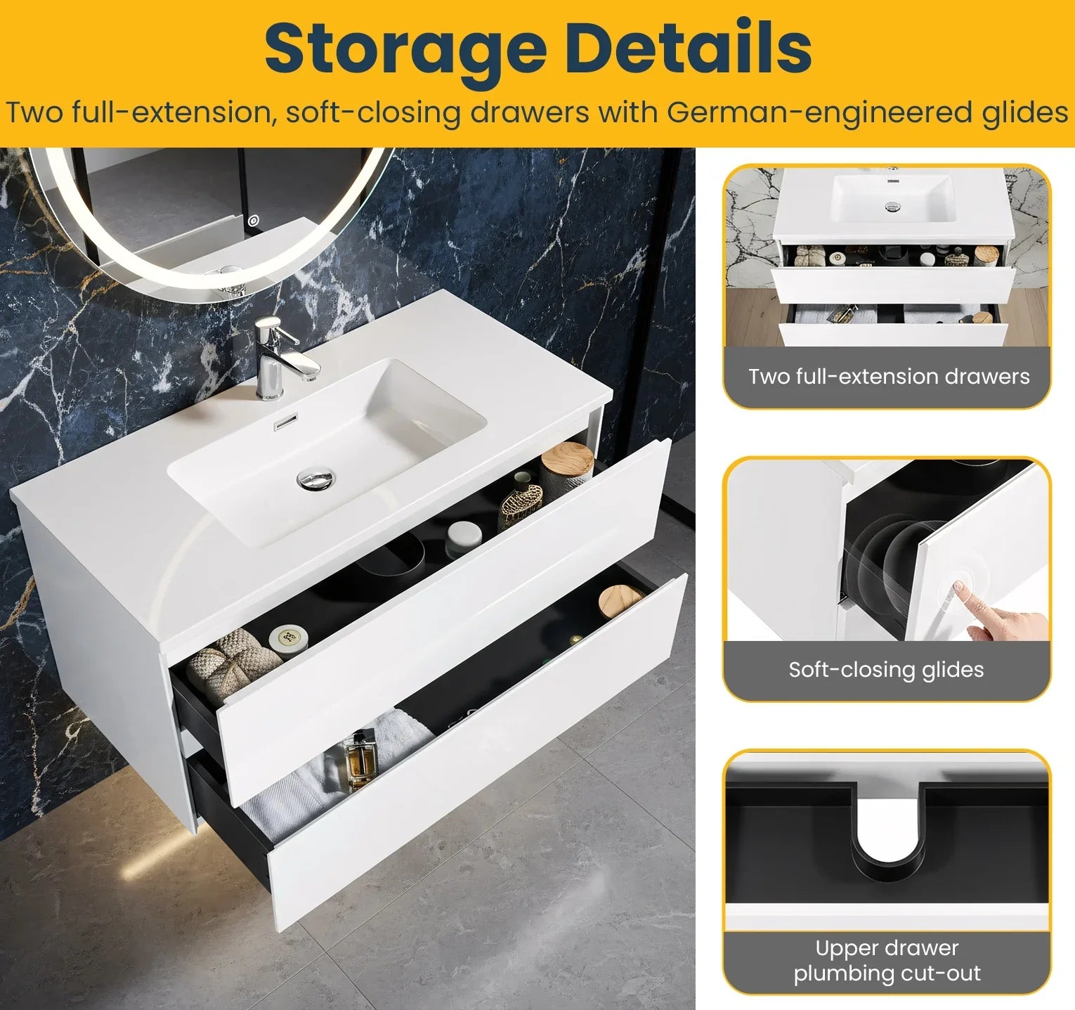 Meuble Lavabo Mural Blanc 40po avec Comptoir en Polymarbre