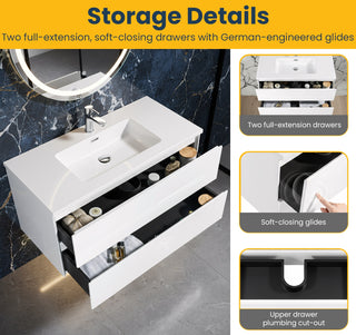 40" White Wall Mount Bathroom Vanity with White Polymarble Countertop