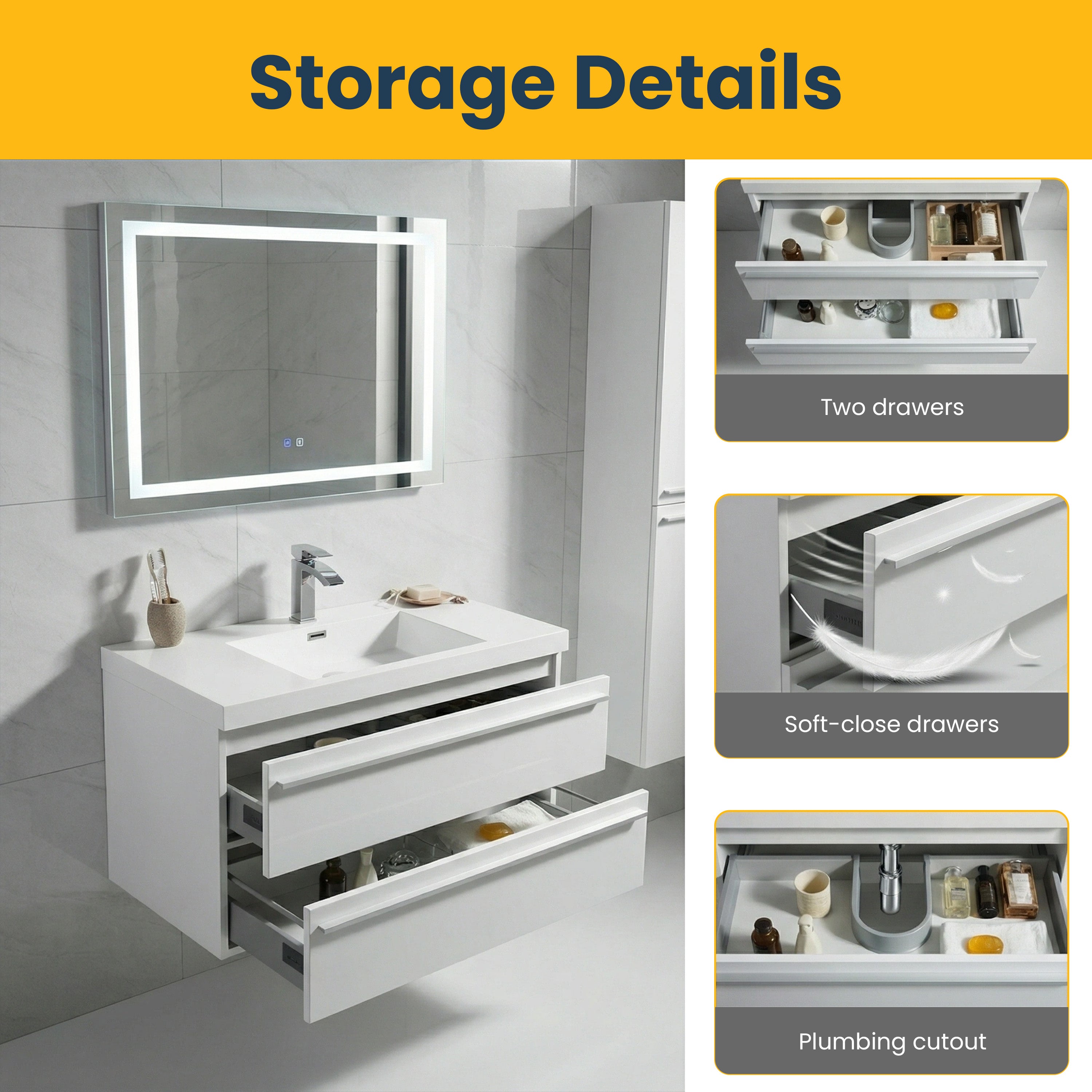 42" White Wall Mount Bathroom Vanity with White Polymarble Countertop