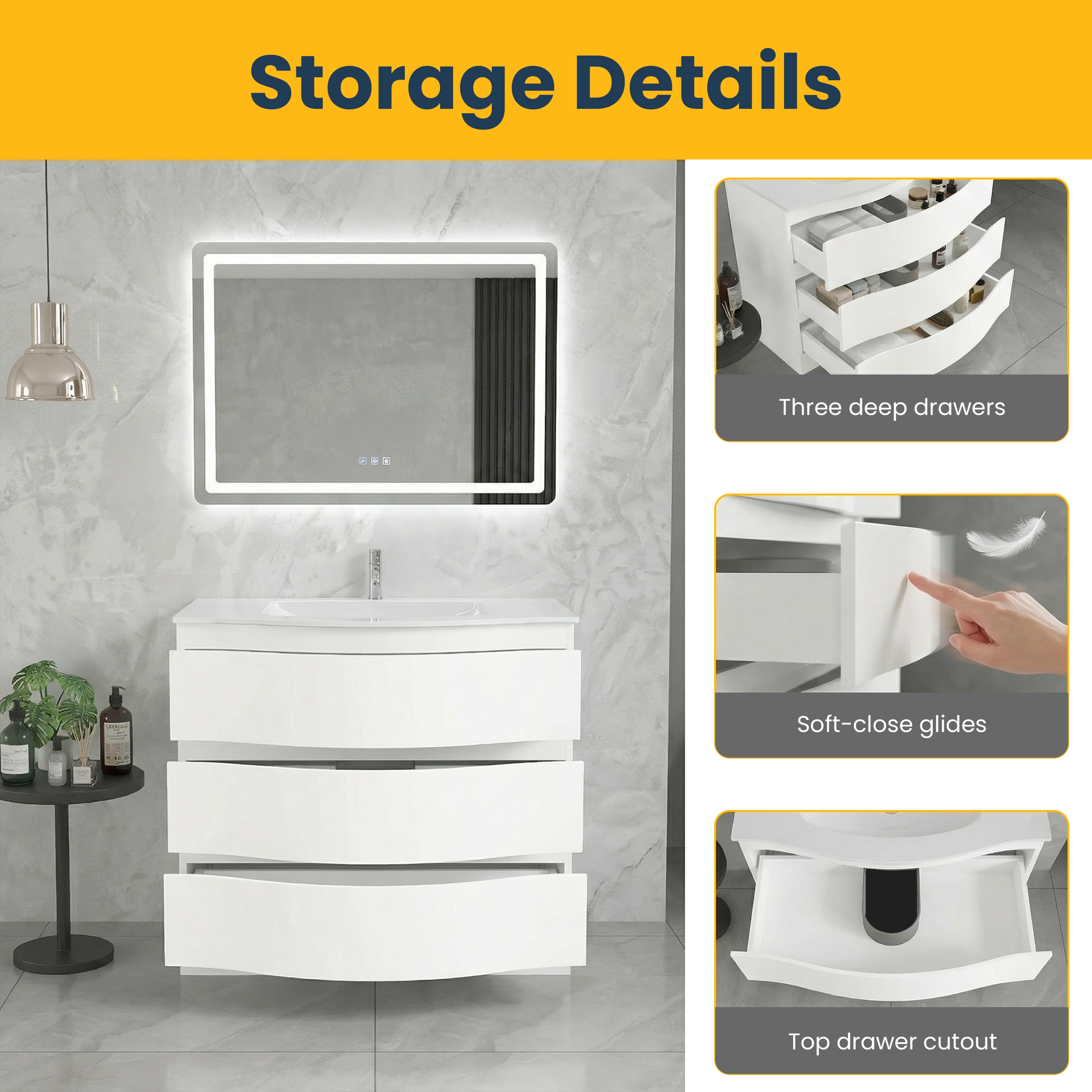 36" Matte White Freestanding Single Sink Bathroom Vanity with White Glass Countertop