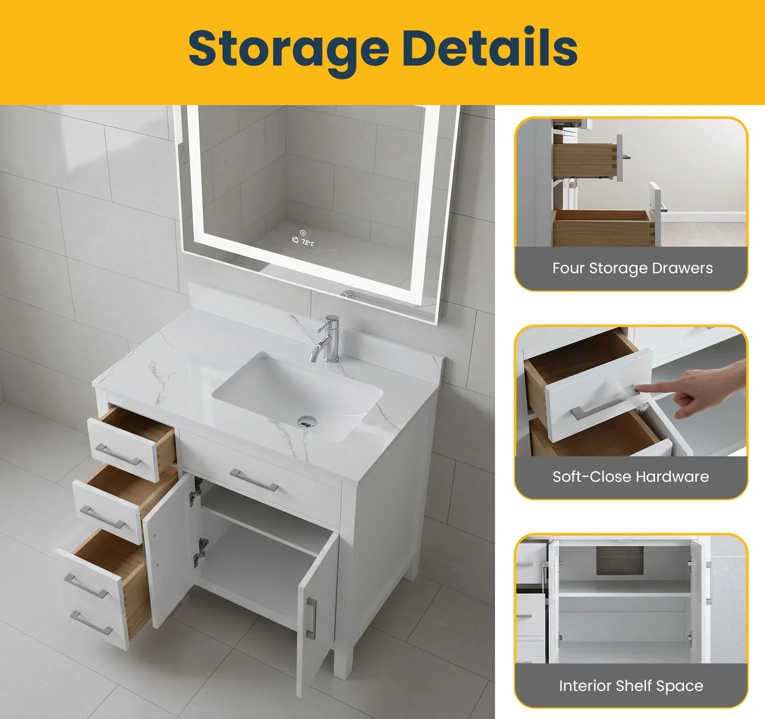 Meuble-Lavabo Autoportant 36po Blanc avec Comptoir de Marbre Ingénierie Calcutta