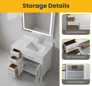 36" White Freestanding Single Sink Bathroom Vanity with Engineered Calcutta Marble Countertop