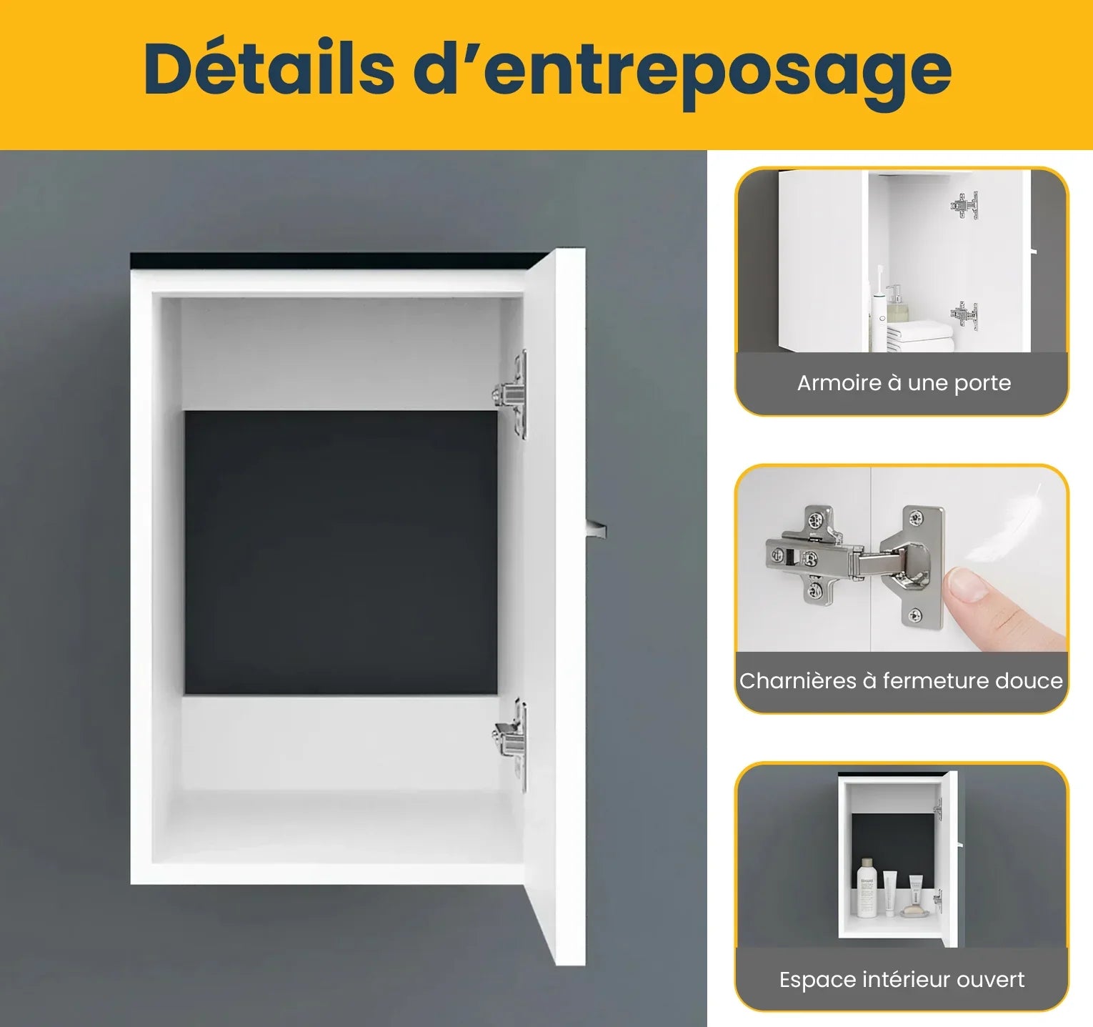 Armoire Centrale Murale Blanche Mate de 12 po avec Comptoir en Verre Trempé Noir