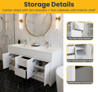 60" Matte White Freestanding Double Sink Bathroom Vanity with White Polymarble Countertop