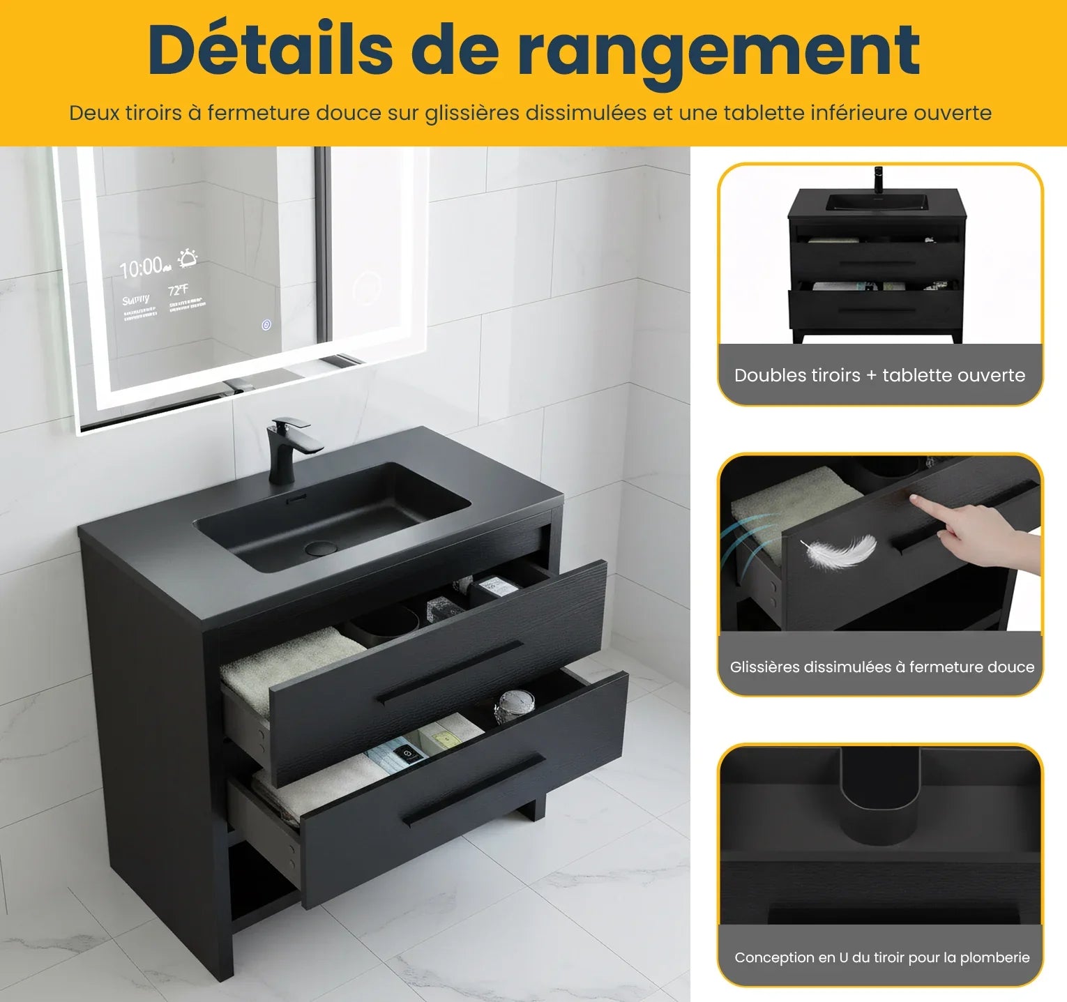 Meuble-Lavabo Autoportant 36po Chêne Brut Noir avec Comptoir de Quartz d'ingénierie Noir