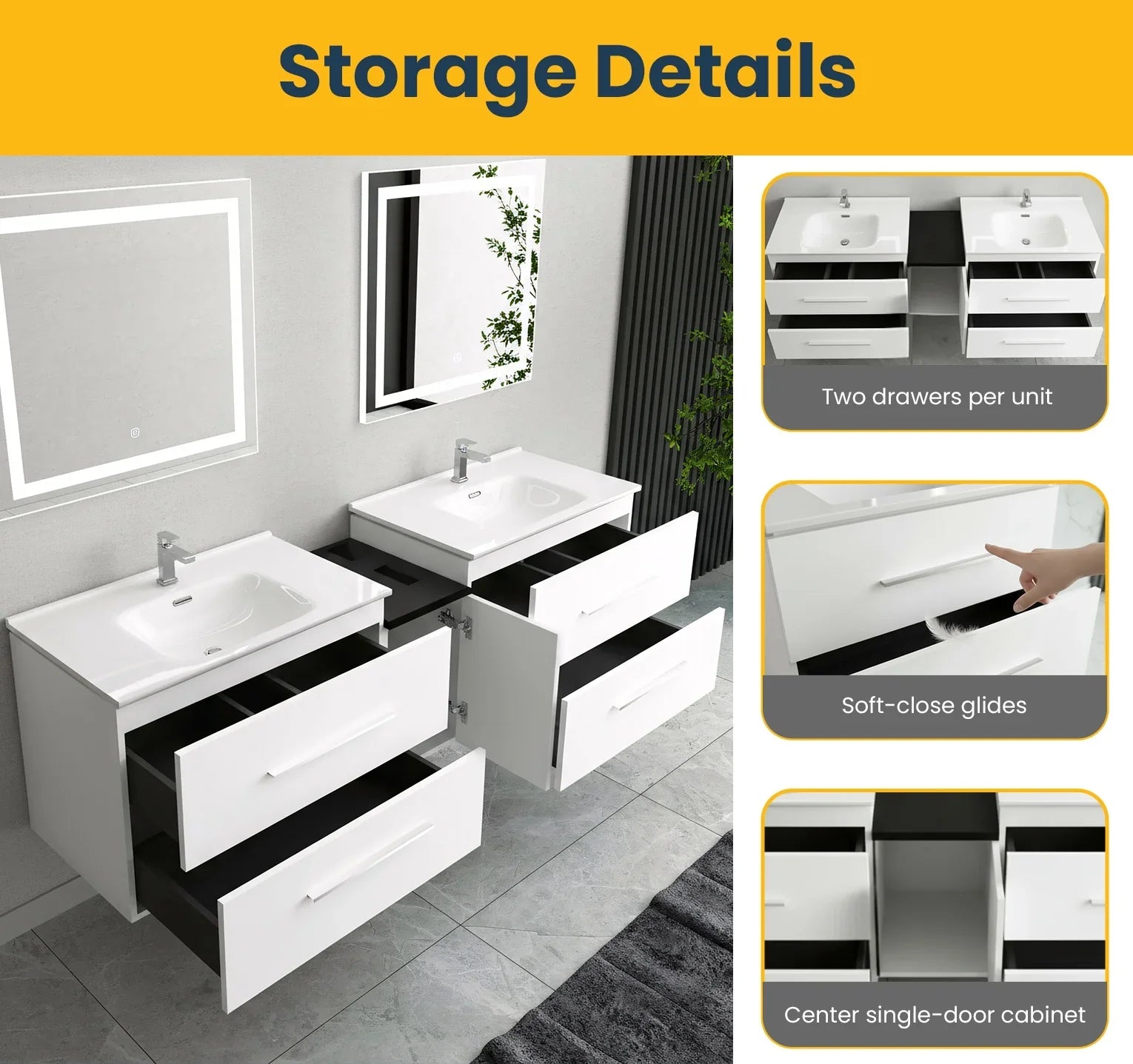 60" Matte White Wall Mount Double Sink Bathroom Vanity with White Ceramic Countertop