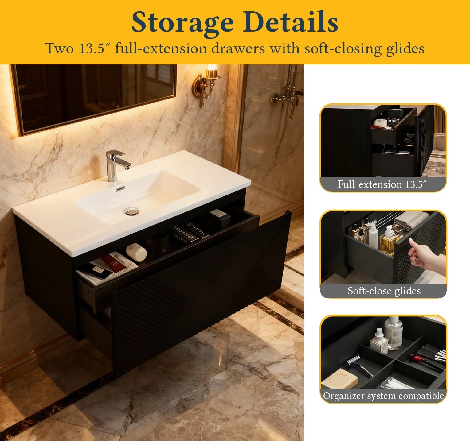 40" Black Wall Mount Bathroom Vanity with White Polymarble Countertop Roxboro