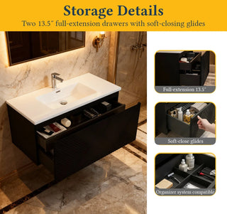 Meuble-lavabo mural noir 40" pour salle de bain avec Comptoir en polymarbre blanc Roxboro